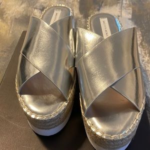 Size 9 1/2 New in box Silver Metallic Wedge Heel slides